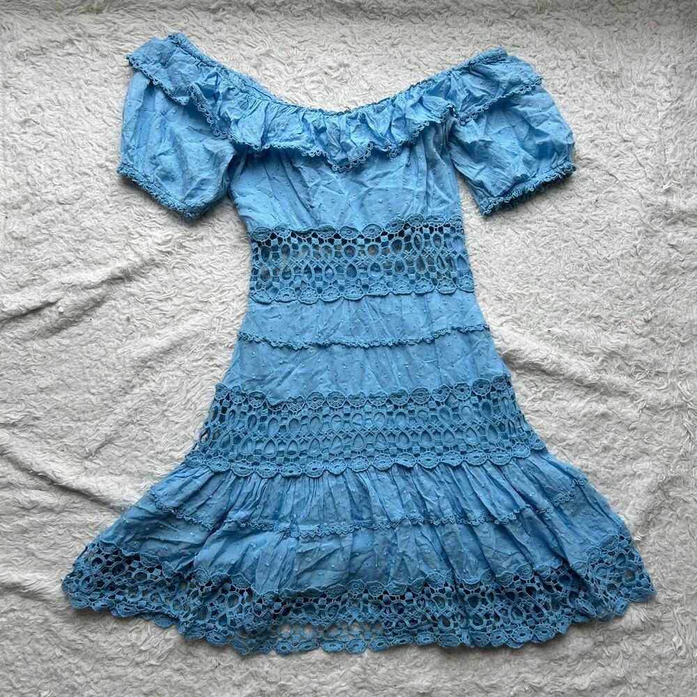 Free People Boho Blue Puff Sleeve Mini Dress Size 6